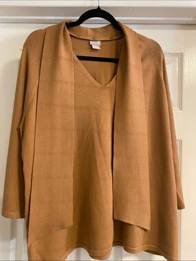 Chico's Caramel/Tan V-Neck Sweater with Scarf Detail size 3